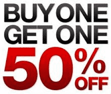 Red Black and White sign that says Buy One Get One 50% off