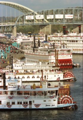 Riverboats gathering on Ohio River In Cincinnati,OH