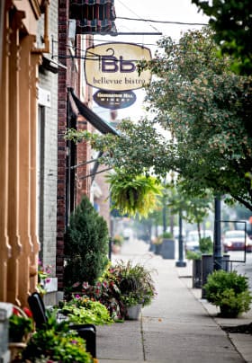 Small town street, restaurant with yellow sign and brown letters saying Bellevue Bistro, black bench and green potted plants